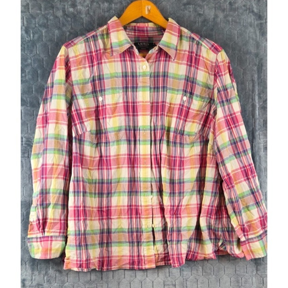 Ralph Lauren Denim Pink Green Yellow Plaid Long Sleeve Women's Shirt‎ Size3XL